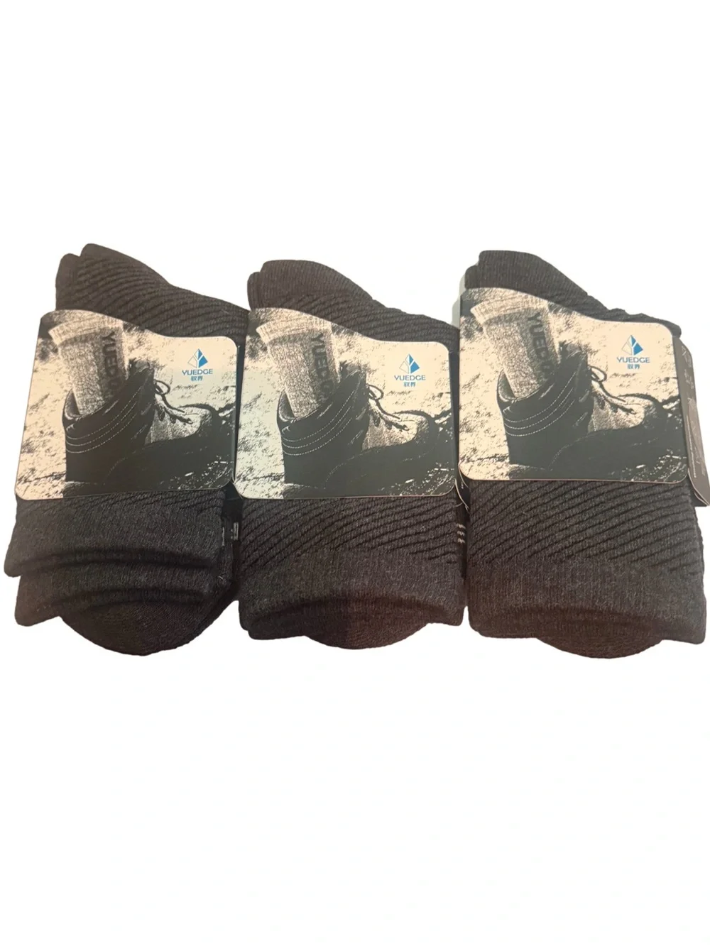 Yuedge 3-Pack Dark Gray Cushioned Crew Socks Cotton Blend Work Hiking Boot Socks